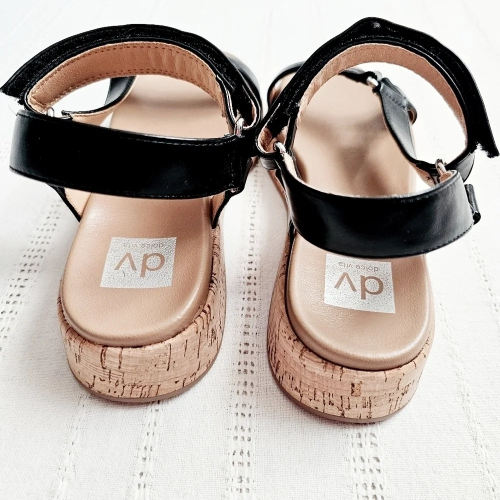 DV Dolce Vita Saedey Velcro Adjustable Strap Cork Platform Black Sandals 8 New